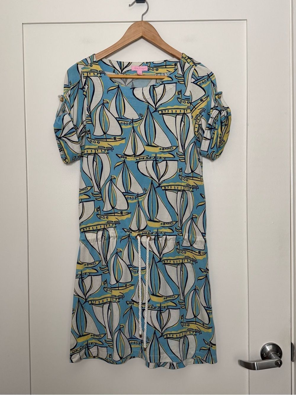 Lilly Pulitzer Mini Dress S Blue Short Sleeve Sailboat Print Silk Blend Resort